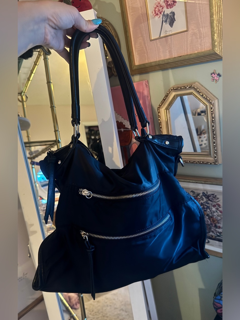 Black Women's Shoulder Bag with Silver Zippers